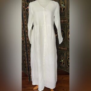 B.White 100% Belgium Linen Long Sleeve Buttons Front Flexible Maxi Linend Dress.